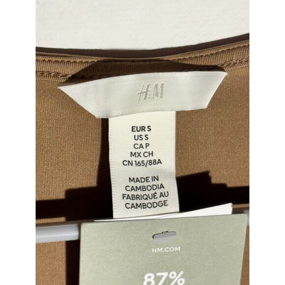 H&M Brown Long Sleeve Ring Detail V-Neck Top Women’s Size S NWT Recycled - Picture 3 of 4